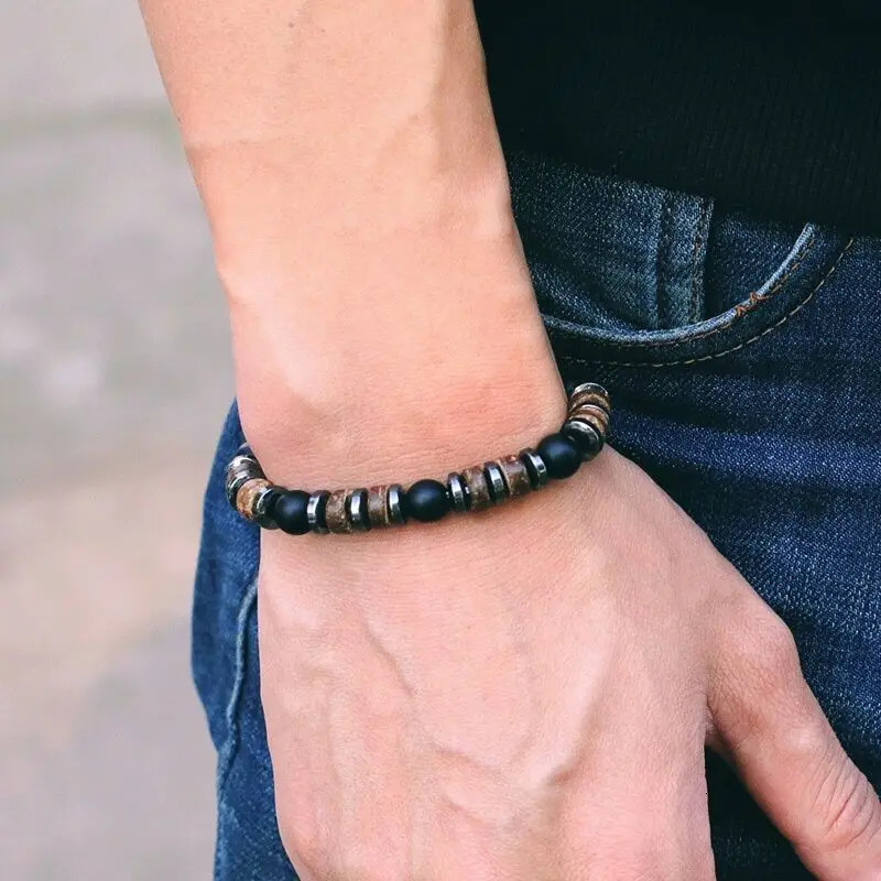 Vintage Men Bracelet Stone Natural Wooden Braclet Homme Hematite Tiger Eyes Braslet Coconut Bead Brazalete Pulsera Hombre 260924 - view 5