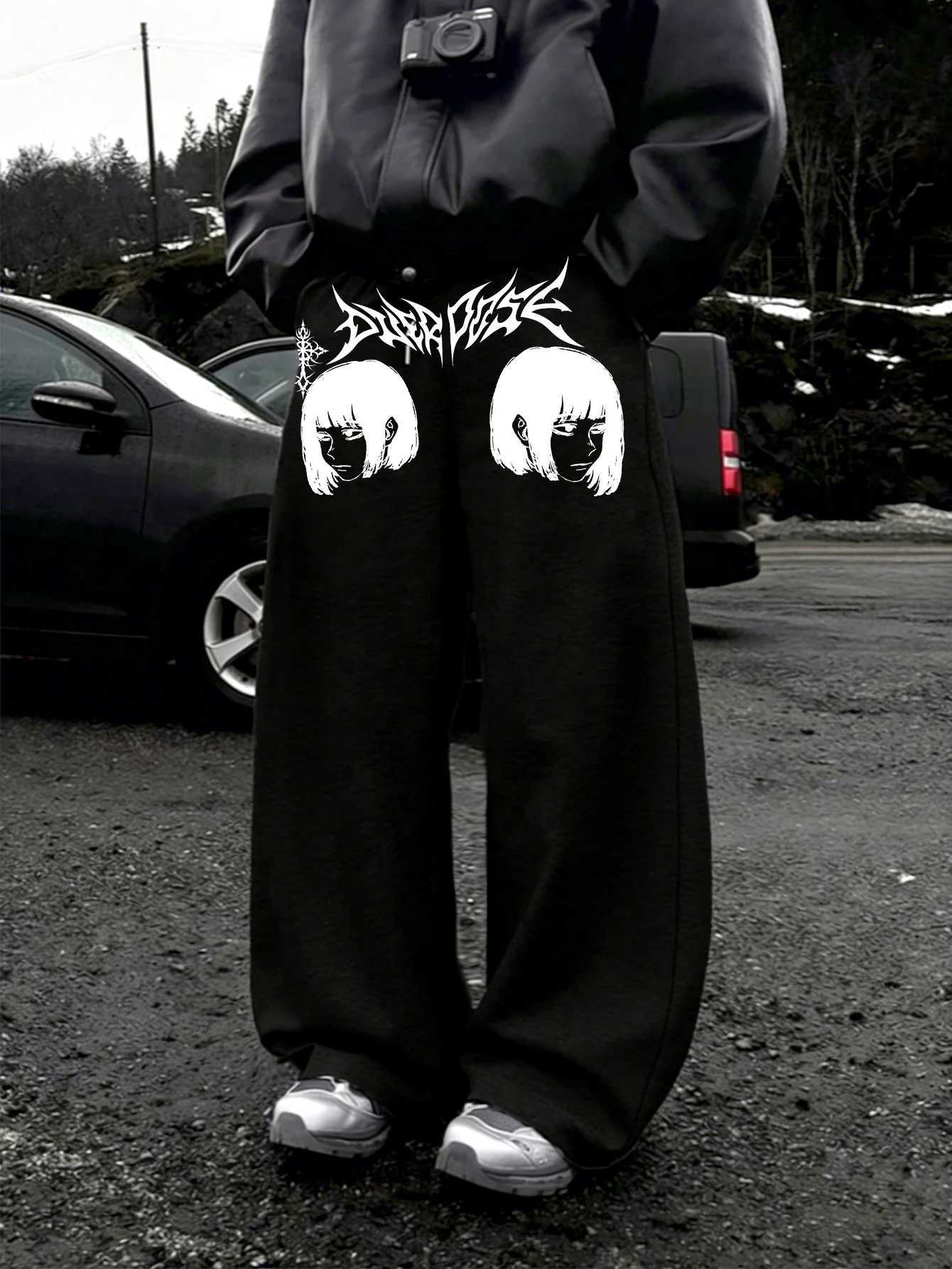 Men's Pants Men Wide Leg Jogger Pants Dark Anime Graphic Blackmetal Spike Letter Symmetrical DualSide Print dr1 BaggyY2KPunk D260924 - view 3