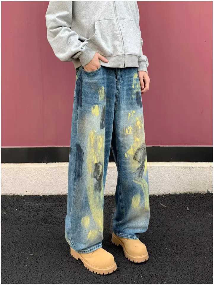 Men's Jeans American Retro Distressed Tie Dye Wide Leg Jeans Men's Loose Floor-Length Straight Cut Denim Pants Vintage American Hip Hop H260 - view 6