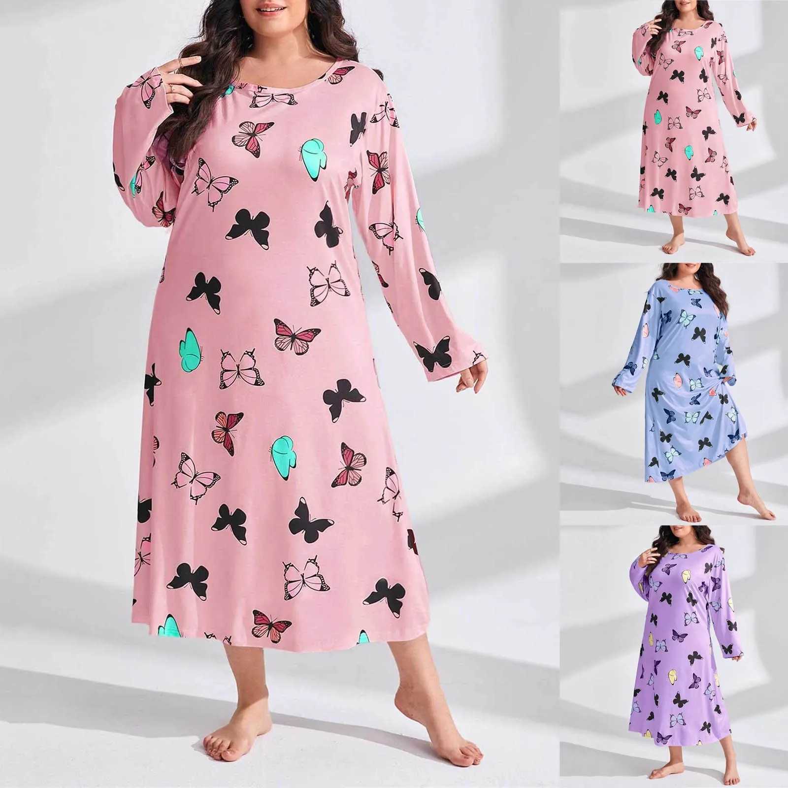 Lounge Women's Sleep Knitted Cotton Women Plus Size Lingere Nightgown Loose Nightdress Long Sleeve Night Gown Cute Cartoon Home Dress Sexy Sleepw - view 5