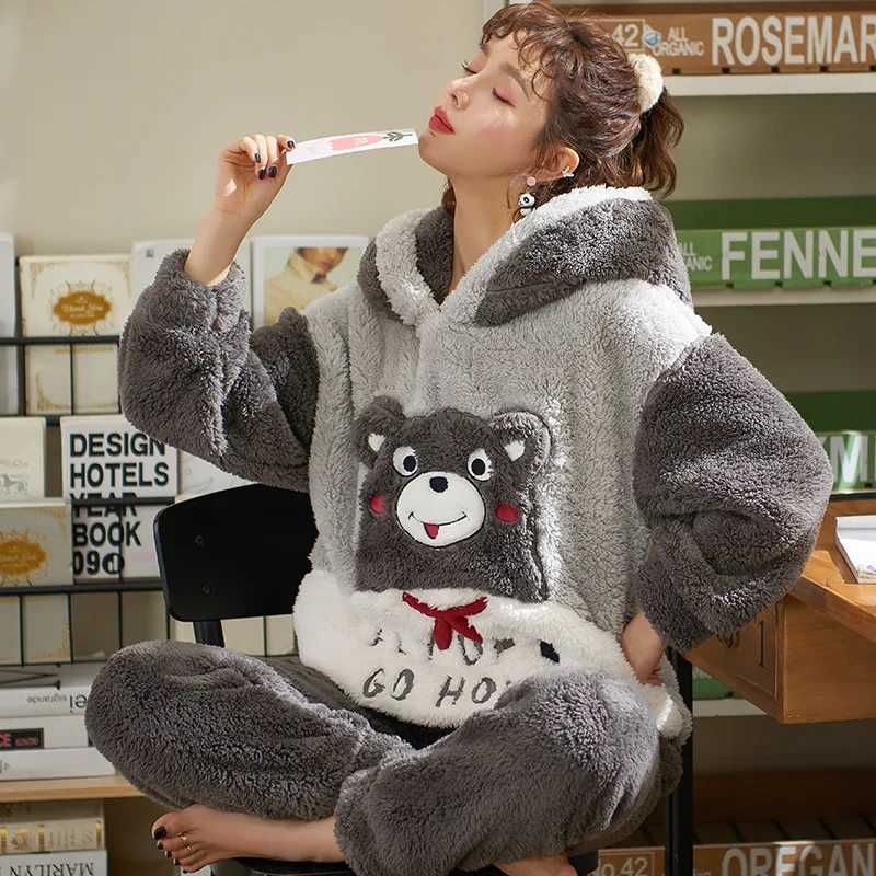 Lounge Women's Sleep Women Pajamas Set Thick Winter Flannel Homewear Female Girls Warm Sleepwear Tops Pants 2Pcs/set Girls Home Clothes Trouser S - view 6