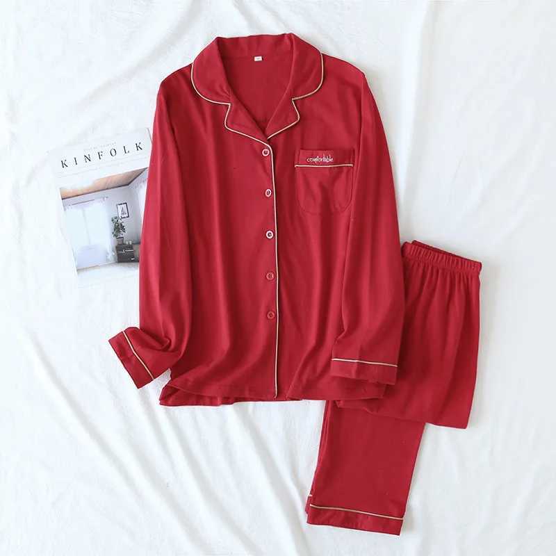 Women's Sleep Lounge New Spring And Autumn Couple Knit Pajamas Long-sleeved Trousers Two-piece 100% Cotton Red Men's And Women's Home S