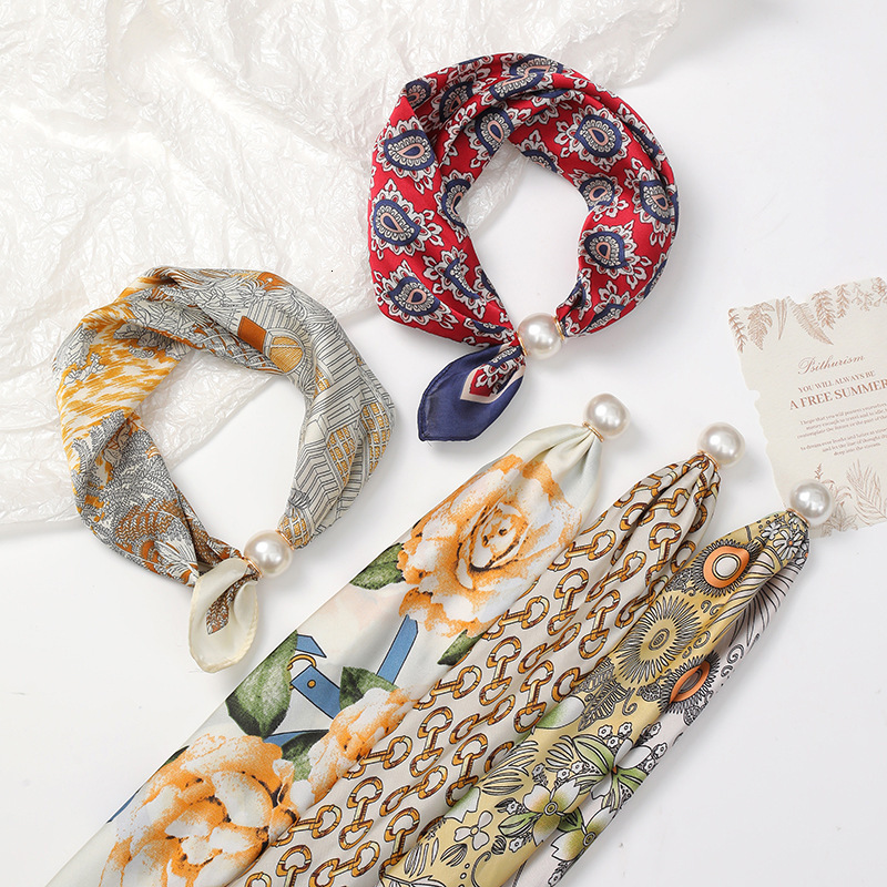 Designer Womens Small Satin Neck Scarf With Pearl Buckle Printed Square Scarves High Quality Neck Warmer Elegant Decorative Neck Band For Daily Bag - view 4