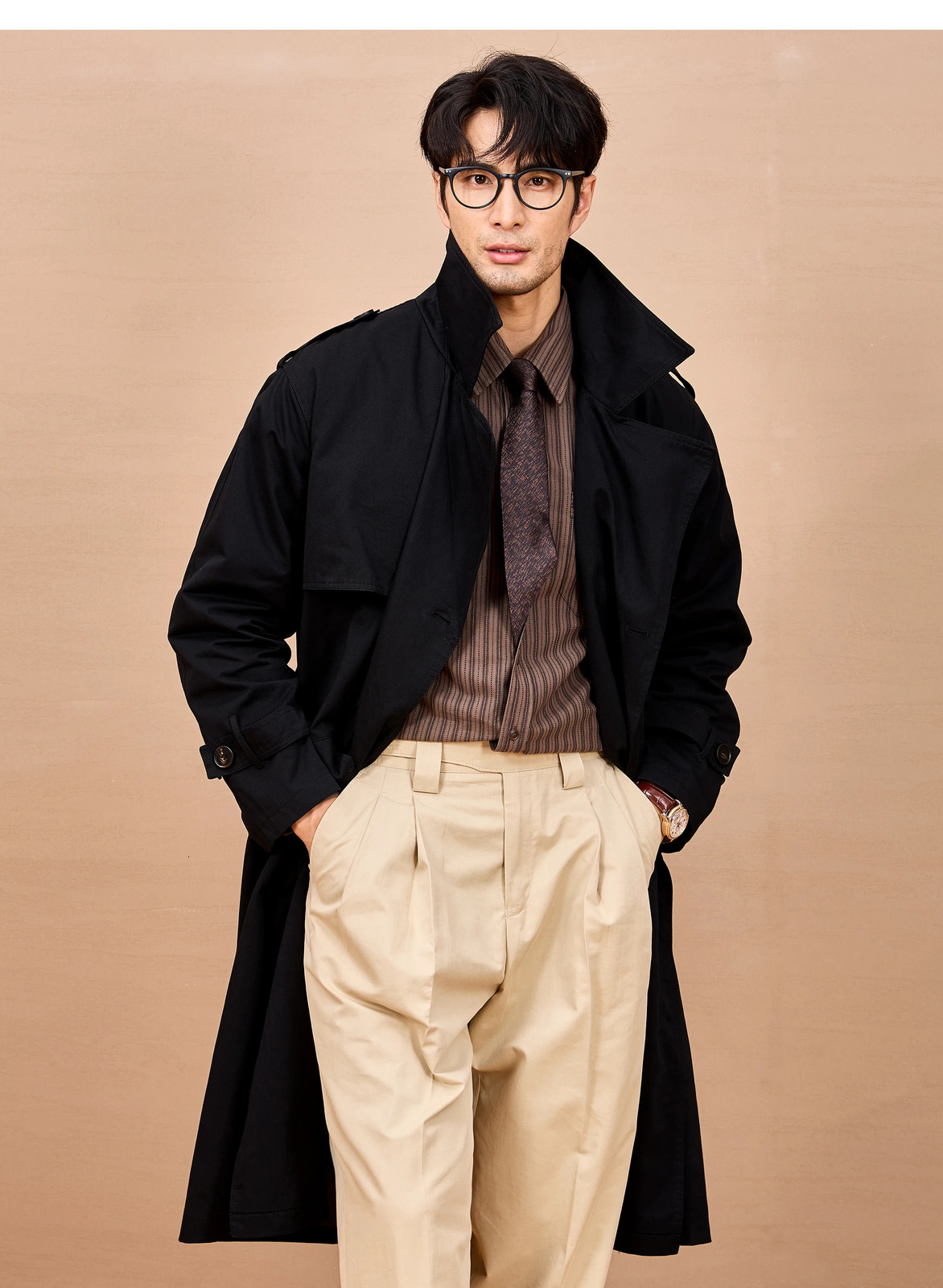Mauroicardi Spring Autumn Long Black Khaki Trench Coat Men Shoulder Pads Double Breasted Chic British Style Fashion Clothes 260923 - view 5