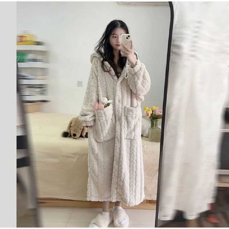 Lounge Women's Sleep Coral Velvet Jacquard Pajamas for Women Winterized Thick Warm Flannel Robe Cozy Soft Fleece Nightgown for Winter Home Sleepw - view 4