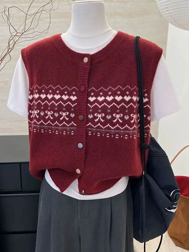 Retro Knitted Floral Women's Spring Autumn New Style Outerwear Sleeveless Shoulder Pad Vest Top Buttoned Polyester Blend - view 4