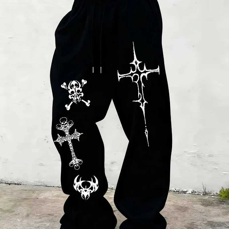 Men's Pants Men's Gothic dark casual jogging pants seasonal jogging pants loose straight leg dr1 waist pants D260924
