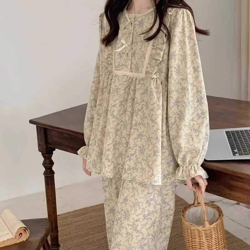 Women's Sleep Lounge Women's Plus Size Pajamas Garden Style Student Sleepwear Homewear Two-Piece Set Korean Version of the Bow Outdoor Long- - view 5