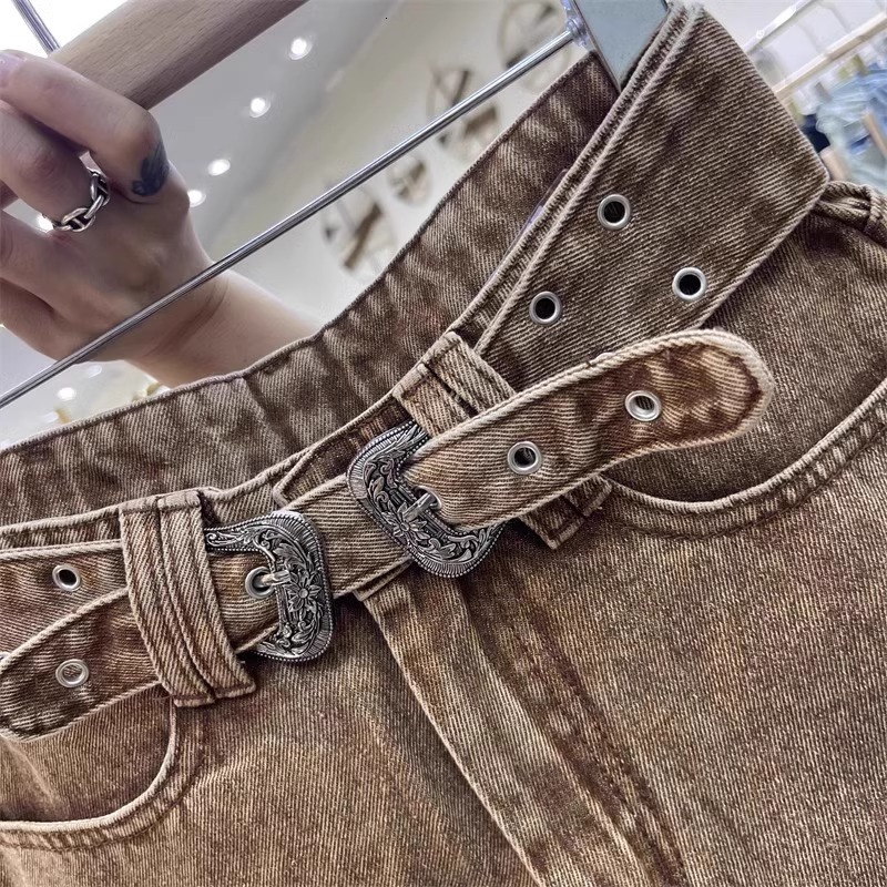 Retro Brown with A Cut Waistband High Waist Personalized Fashion Wide Leg Hot Pants Shorts Women - view 5