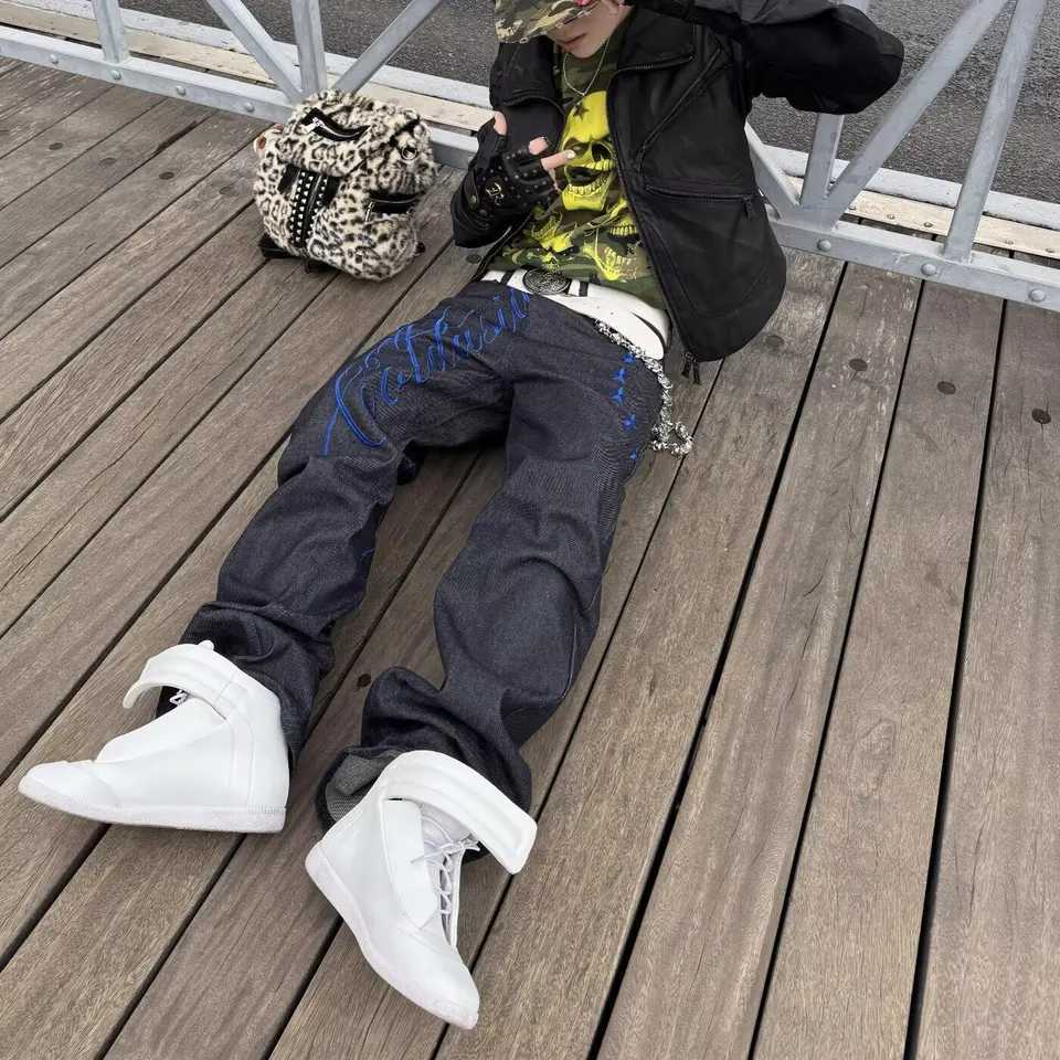 Men's Jeans High Street Gothic Embroidered Letter Cargo Men Blue Pattern Y2K High Waist Jeans Harajuku Retro Hip Hop Streetwear H260924 - view 7