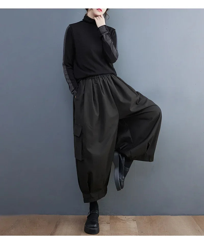 Spring Summer Black Vintage High Elastic Waist Oversized Cargo Pants Women Loose Casual Pocket Fashion Ladies Trousers 260928 - view 7