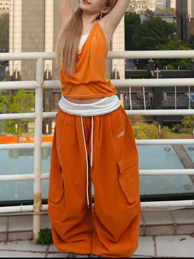 Dopamine Orange Wide Leg Women's American Hot Girl Jazz Street Dance Casual Loose Long Pants Versatile Cotton Linen Blend