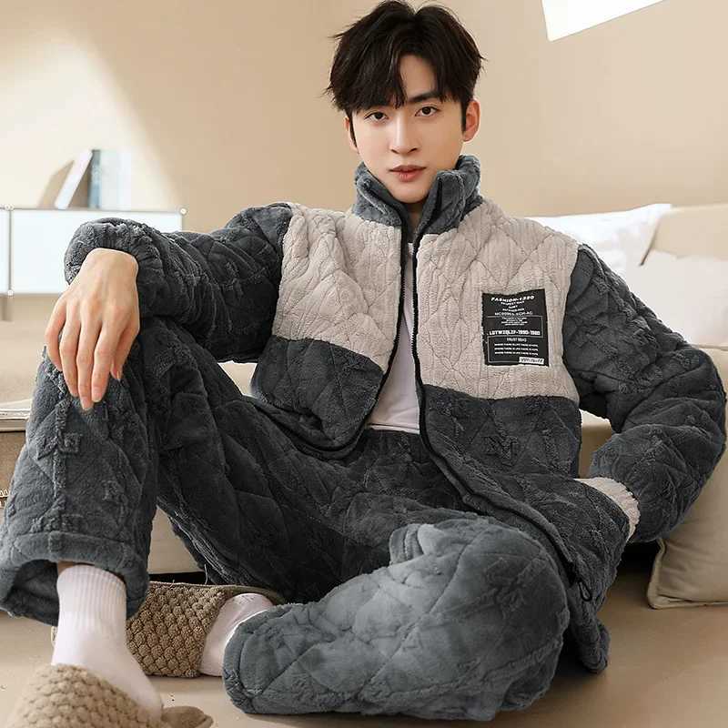 Sleep Lounge Women's Korean Winter Thicken Warm Home Clothes Zipper Cardigan Pajamas Set Men Home Clothes Big Size XL-3XL Coral Fleece Pyjamas Ho - view 4