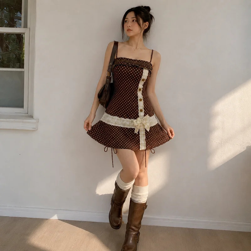 Womens Mini Dress Brown Polka Dot Spaghetti Strap Square Neck Bow Ruffle Trim A Line Y2K Summer Cute Casual Dress 260924 - view 4