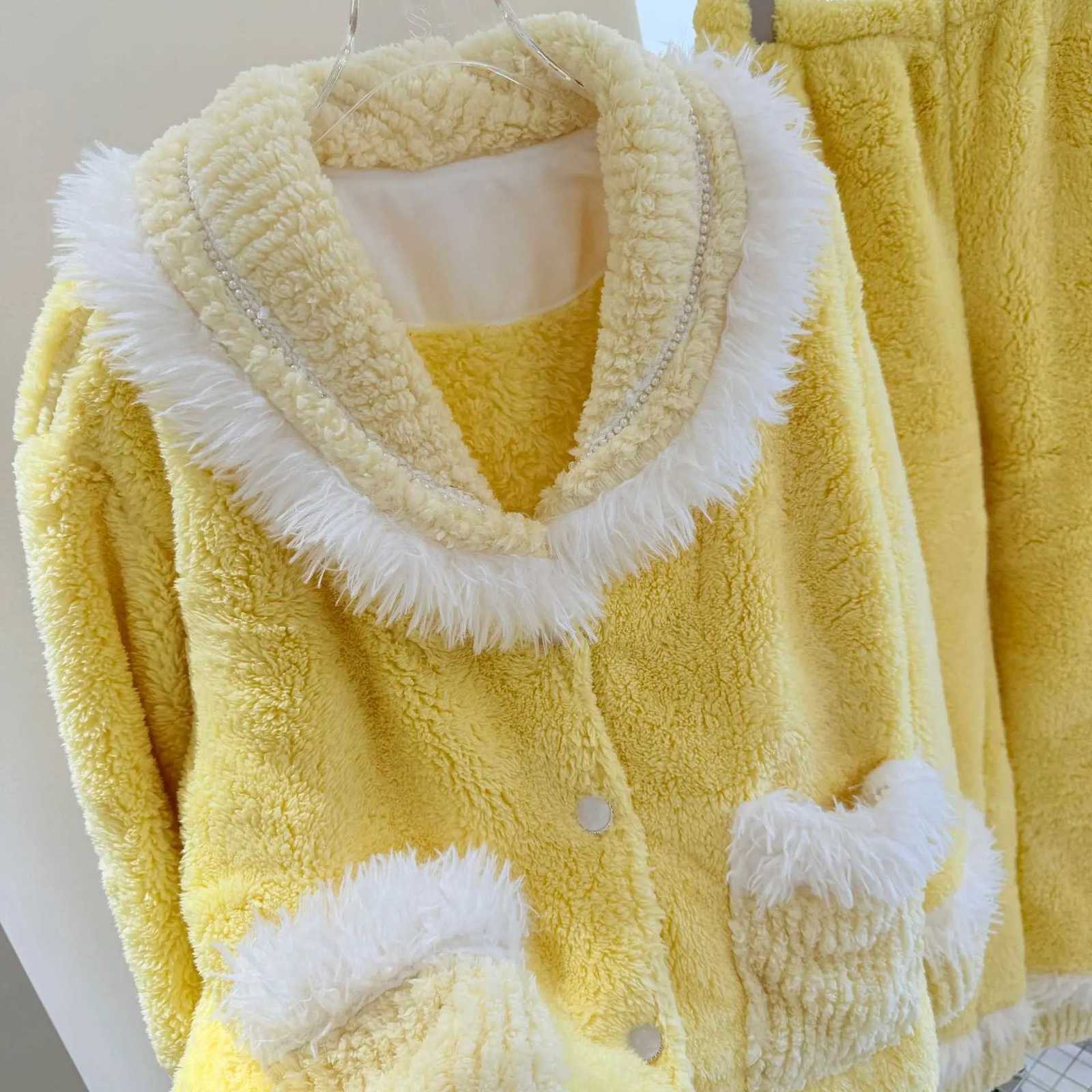 Lounge Women's Sleep Yellow Flannel Sexy Pajama 3Pcs Robe Set Sleepwear Autumn Winter Coral Fleece Sleepwear Casual Home Clothes LoungewearC26092 - view 4