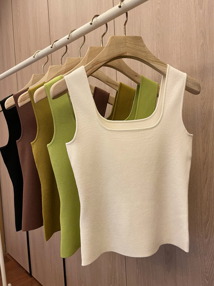 Chic White Knitted Strap Vest Women's Inner Wear Base Shirt Sexy Sleeveless Square Collar Top Summer Outerwear