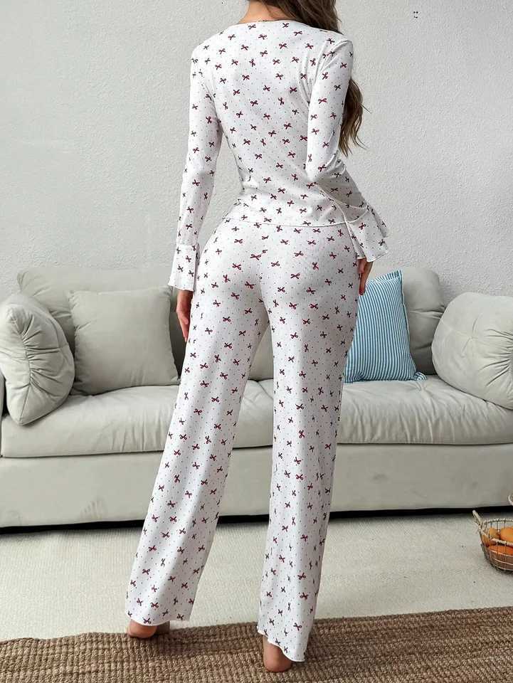 Women's Sleep Lounge Women's Ribbed Knit Pajama Set Long Sleeve Ruffle Cuff Bow Print Soft Loungewear H260924 - view 3