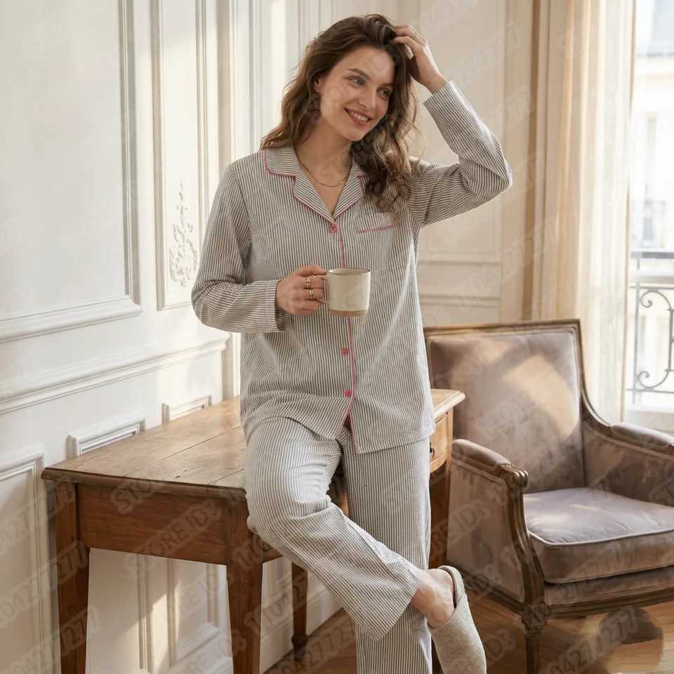 Women's Sleep Lounge 2PCS/Set Women's Long Sleeve Striped Pajama Set Soft Breathable Loungewear Casual Loose Fit Sleepwear for Girls H260924