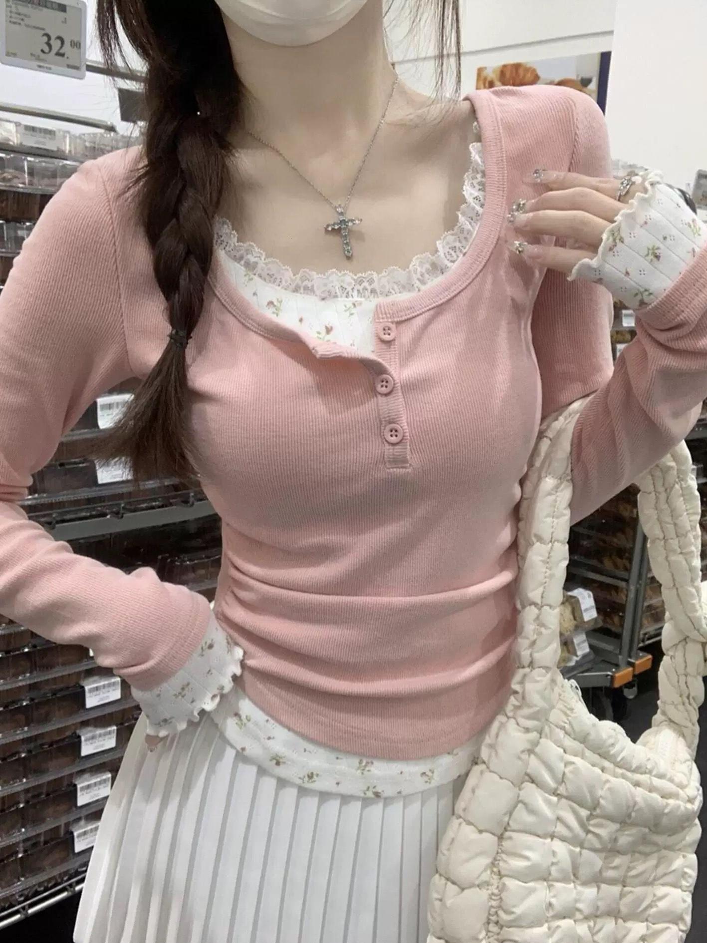 Lace Long Sleeve U-Neck T-Shirt Women's Slim Fit Floral Print Short Base Shirt BM Style Fake Two-Piece Elegant Beautiful Autu... - view 6