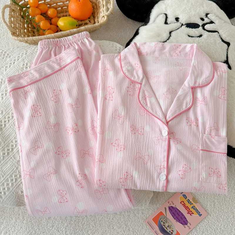 Women's Sleep Lounge Spring and Autumn New Women's Pajama Home Clothes Set Pink Bow Collar Loose Pajama Home Clothes Long Sleeve Long Pants 