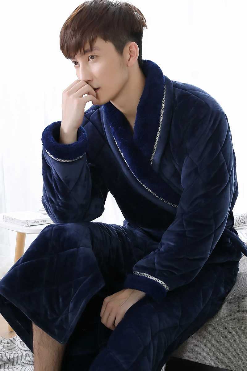 Sleep Lounge Women's Winter Long Robe For Male Three Layers Quilted Bathrobe Thick Flannel Sleepwear Big Yards XXXL Kimono Bathrobes Mens Warm Lo - view 7
