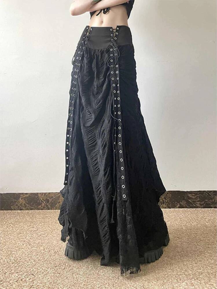 Y2k Vintage Temperament Lace Mesh Pleated Women Skirt High Waist Gothic Bow Slim Bandage A-line Long Skirts Chic Harajuku Faldas