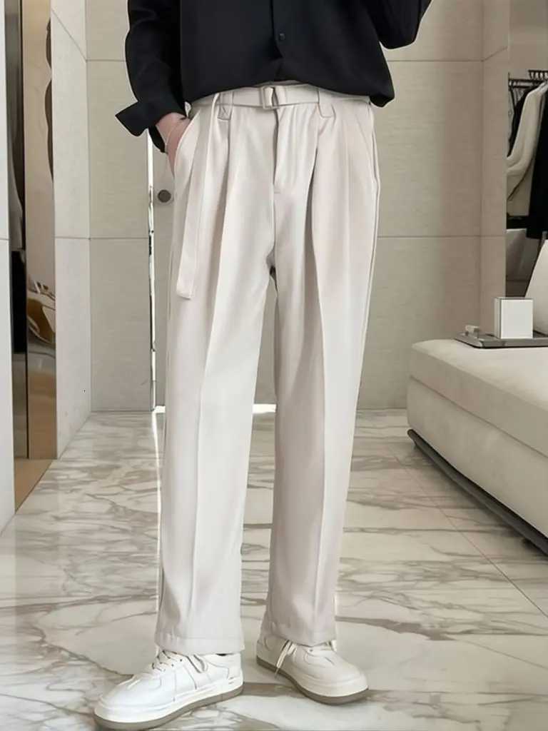 Men's Pants Brown Korean Wide leg Casual Pants With Belted Men Streetwear Oversize Baggy Pants Harajuku Cool Black Work wear Suit Pants D260924 - view 5