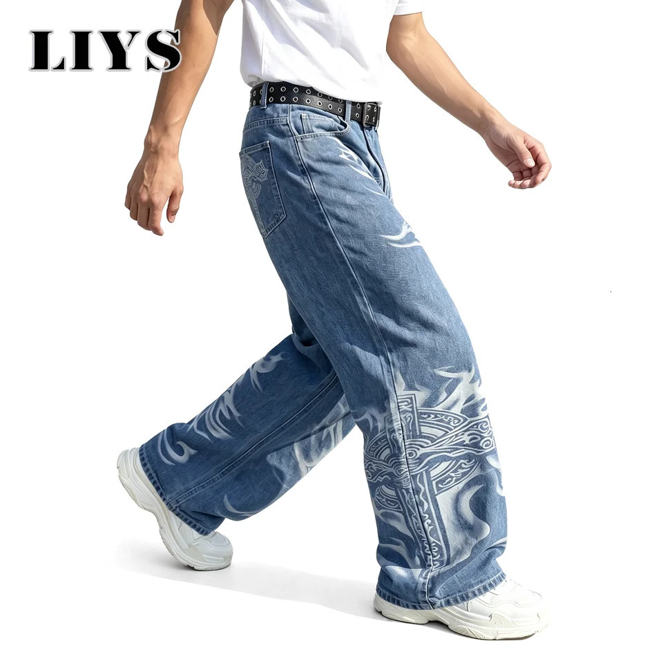 LIYS Men's Y2K Gothic Graffiti Print Baggy Ultra Wide Leg Jeans Hip Hop Streetwear Loose Casual Skater Denim Pants Unisex 260923 - view 5