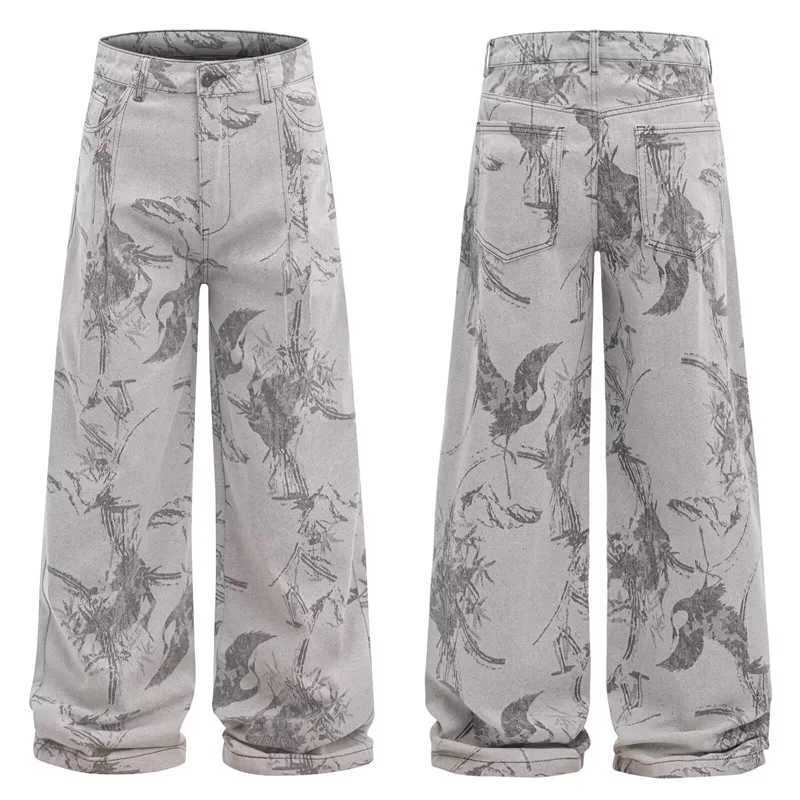 Men's Jeans 2026 New Men's Goth Graphic Printed Straight Leg Jeans Harajuku Fashion Baggy Denim Trousers Y2K Vintage Streetwear Gray Jean H2 - view 3