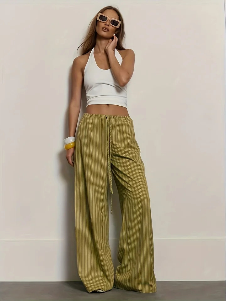 Womens Green Striped WideLeg Pants Summer Arrival Drawstring Elastic Waist Draping Casual Trousers Lazy Style FloorLe 260924