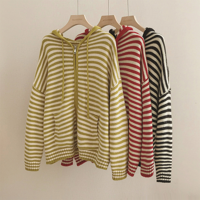 Color Block Striped Hooded Knitted Cardigan Women's Loose Long Sleeve Sweater Jacket Autumn Winter New Style Casual Fashion - view 6