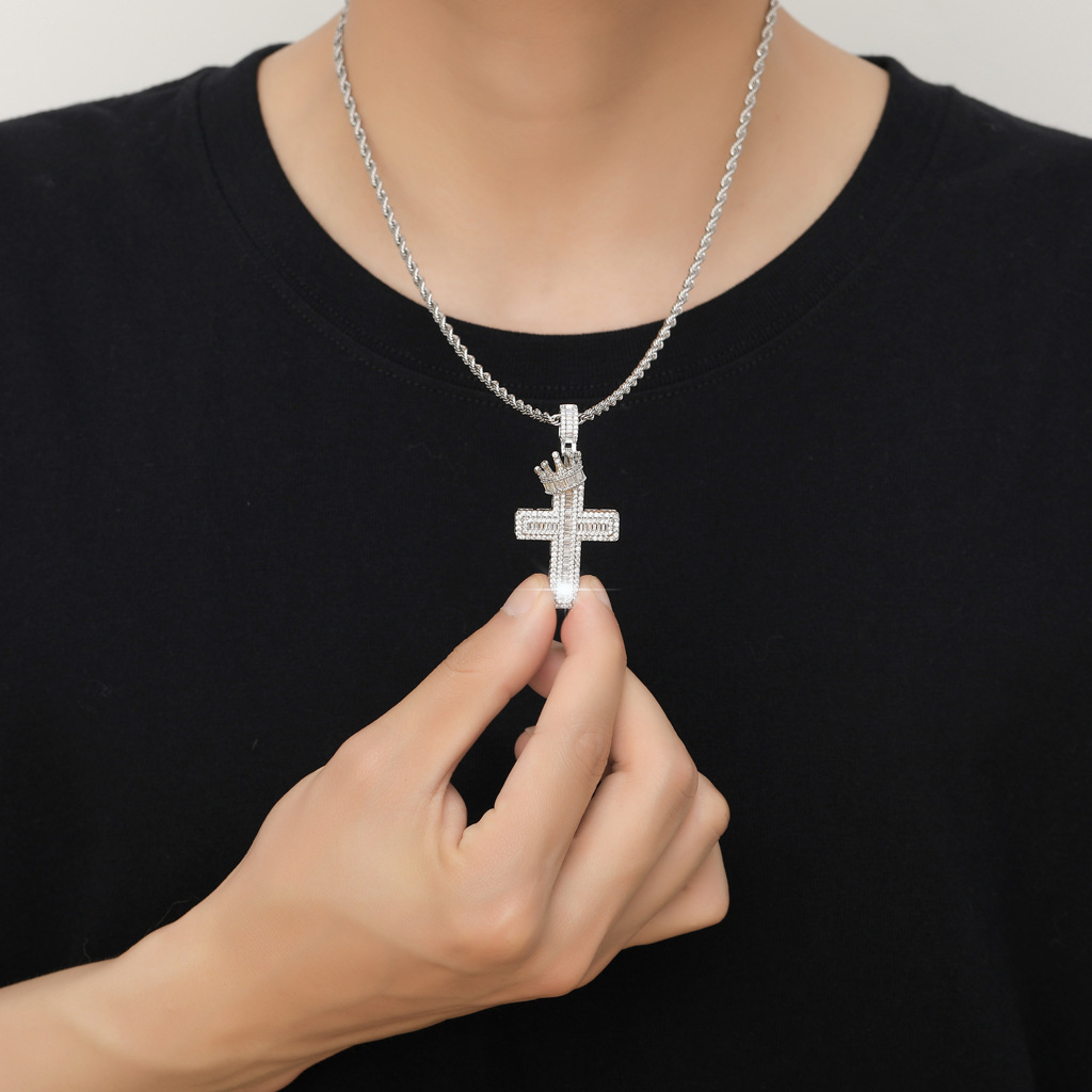 European American-style Crown Cross Hip-hop Pendant Featuring Square Moissanite Micro-paved Design Copper Chainvintage - view 6
