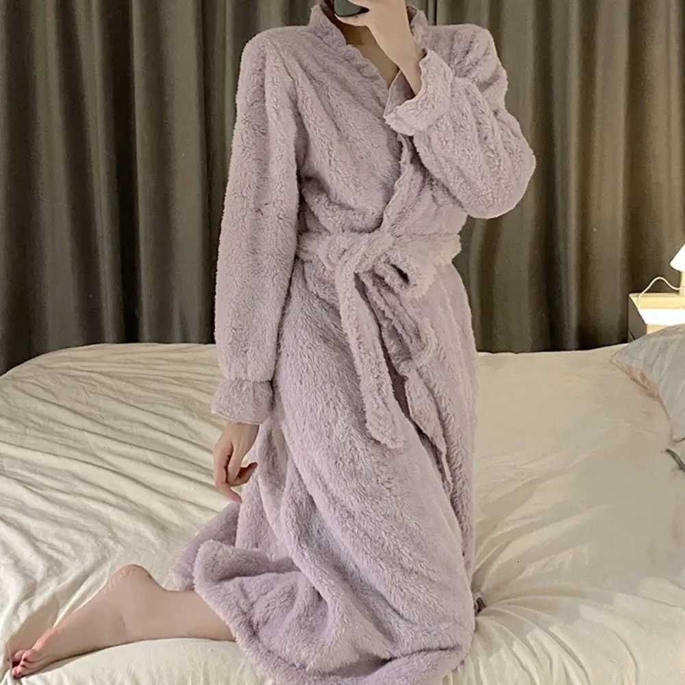 Lounge Women's Sleep Long Sleeves Coral Fleece Sleepwear Ruffle Sweet Winter Flannel Night-robe Home Wear Thicken Warm Pajamas Robe Women Sleepwe - view 4
