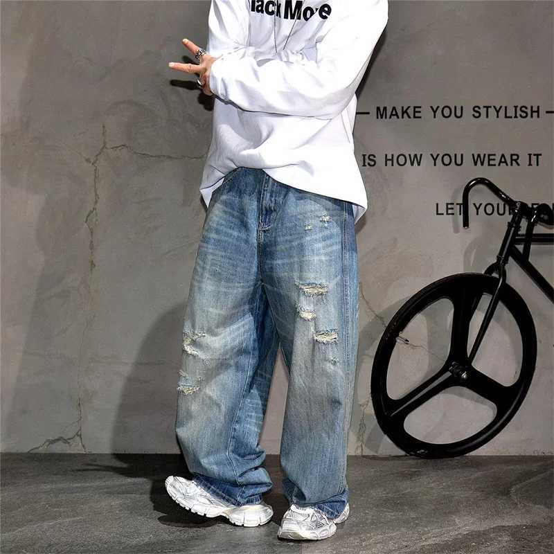 Men's Jeans Autumn Men's High Street Fashion Baggy Curved Denim Pants American Casual Retro Ripped Y2K Jeans Straight-leg Blue Jean H260924 - view 4