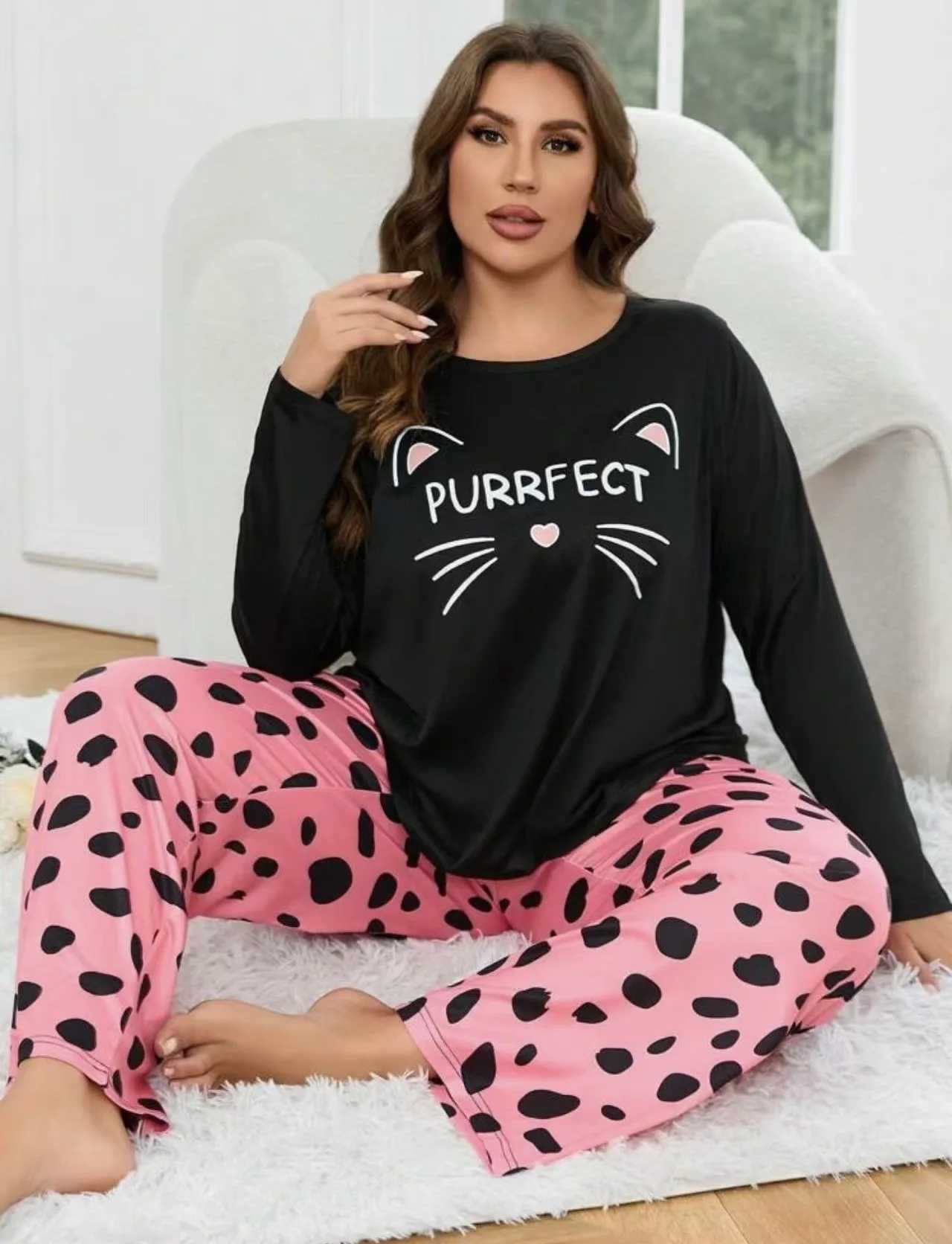 Women's Sleep Lounge Fashionable Plus Size Women's Heart Print Pajama Set Long Sleeve Tops And Soft Elastic Pants Perfect For Summer Loungew - view 3