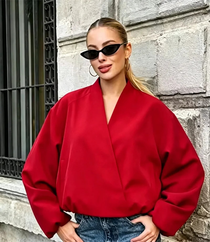 2026 Womens Red VNeck CrossFront Cropped Flight Jacket Stand Collar LongSleeve Loose Top 260928 - view 7