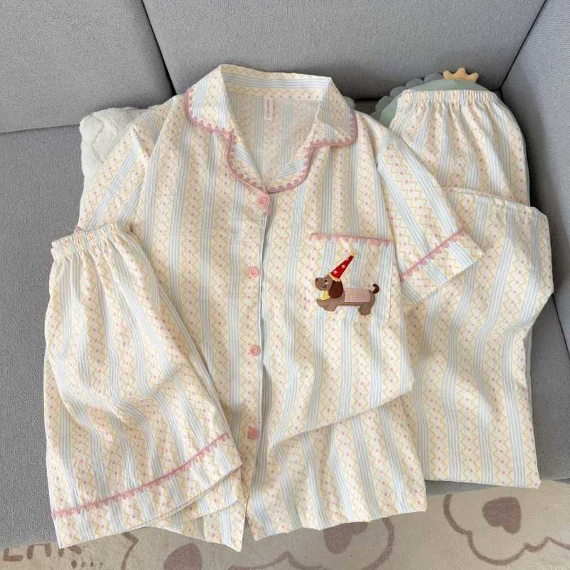 Women's Sleep Lounge New Spring Autumn Stripes Homwear Dachshund Embroidery Pajamas Women's Pajamas Collared Short-Sleeved Casual 3 Piece Pa - view 6