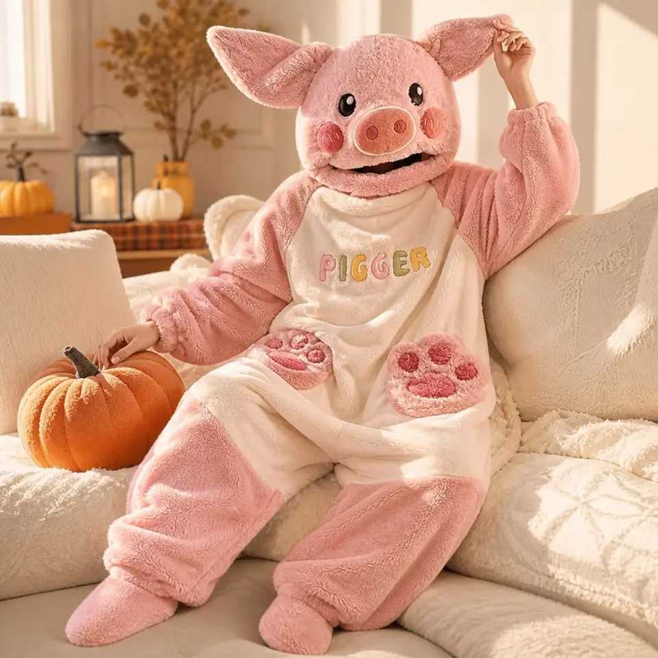 Lounge Women's Sleep Coral Fleece Pig Onesie Pajamas Piggy Pocket Detail Oversized Fit Adult Wearable Blanket 3D Ears Design Warm Lounger RobeC26 - view 5