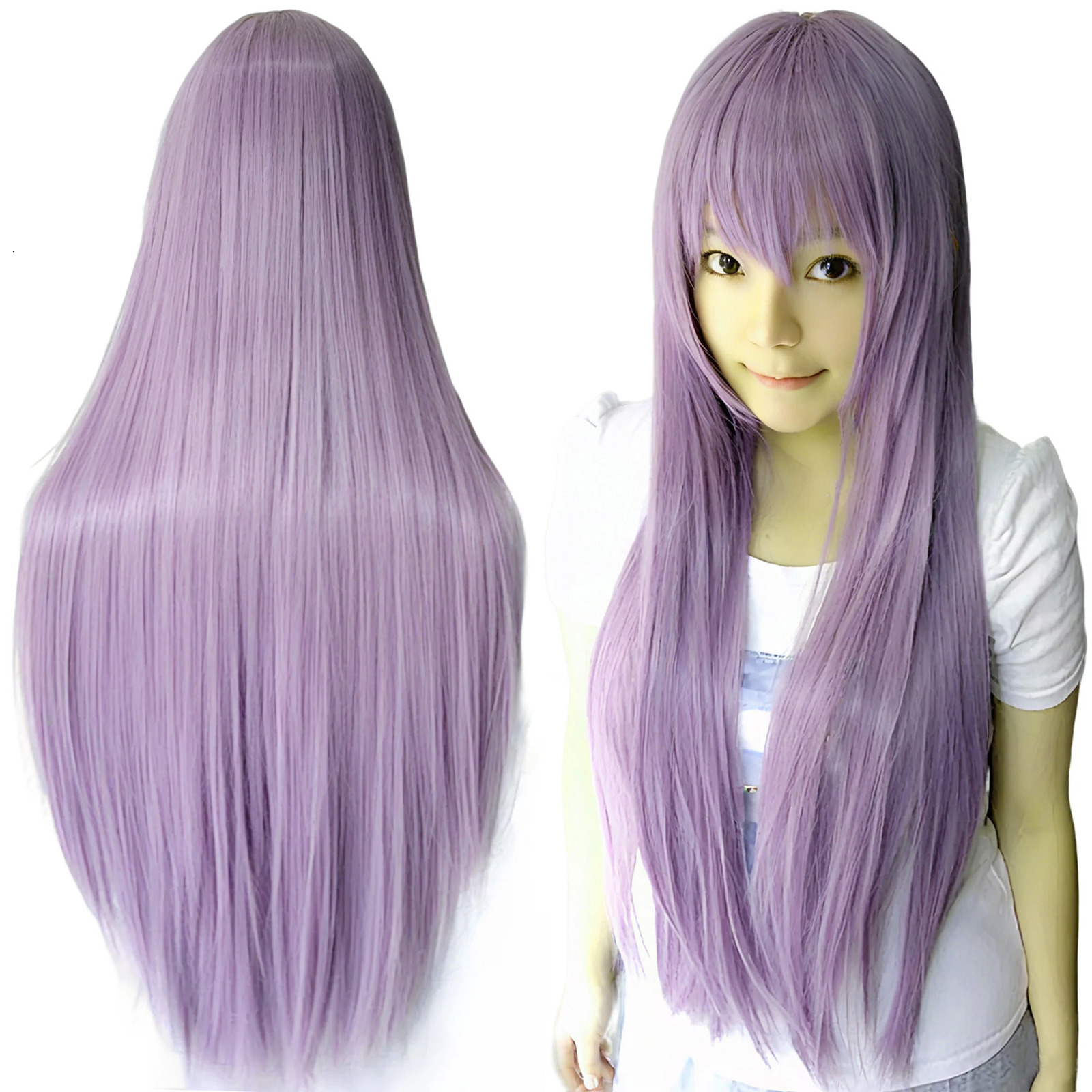 80cm Straight Synthetic Cosplay Wig White Purple Green Silver Pink Lolita Hairpiece with Bangs Long Wigs 260922 - view 6