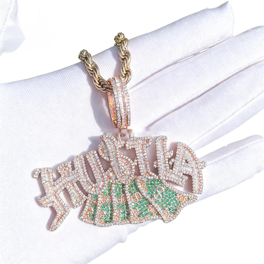 Hip Hop Hustle Dollar Pendant Necklace Men's and Women's Letter Pendant Inlaid with Moissanite RealGold Plated Trendy Jewelry - view 4