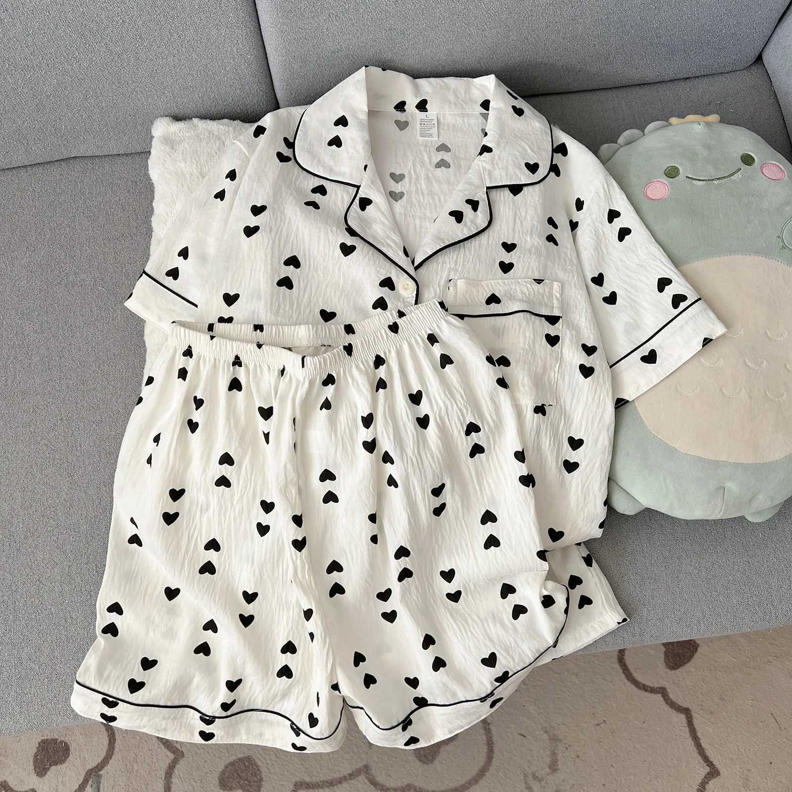 Women's Sleep Lounge 2026 Pajamas Women's Summer Short-Sleeved and Shorts Cute Cartoon Cardigan Ladies Sleepwear Homewear Love Print Breatha - view 5