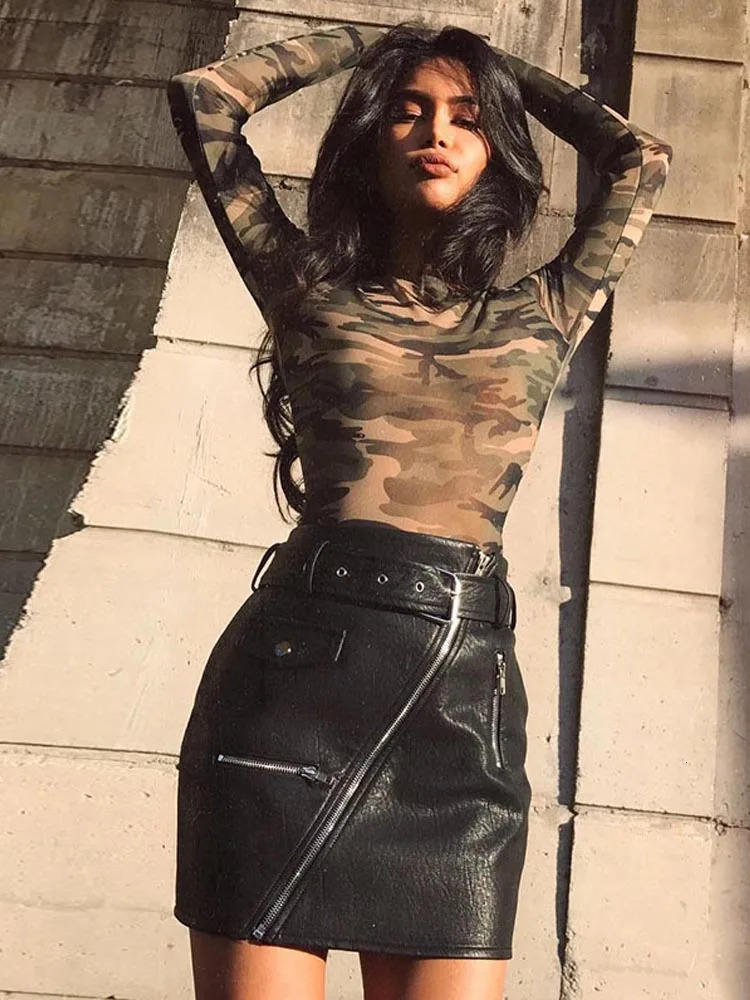 Women Crop Tops Long Sleeve Camouflage Print Tees Tshirt Fashion Mesh See Through Ladies Sexy Short Summer Y2k Top 260928 - view 5