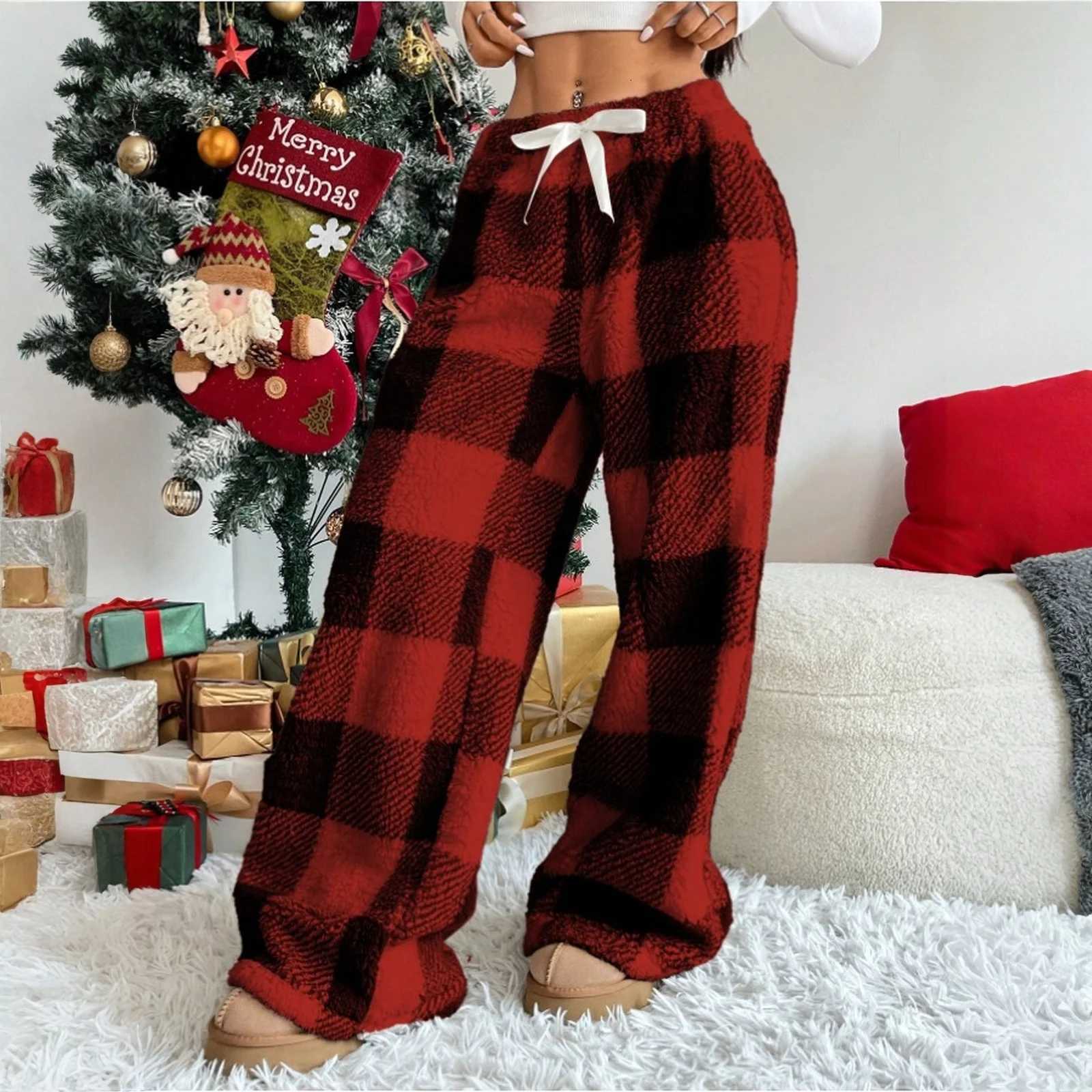 Women's Sleep Lounge Women's Casual Loose Elastic Waistband Plush Sleep Pants Autumn Winter Plaid Fleece-lined Pajama Trousers Comfortable L - view 3