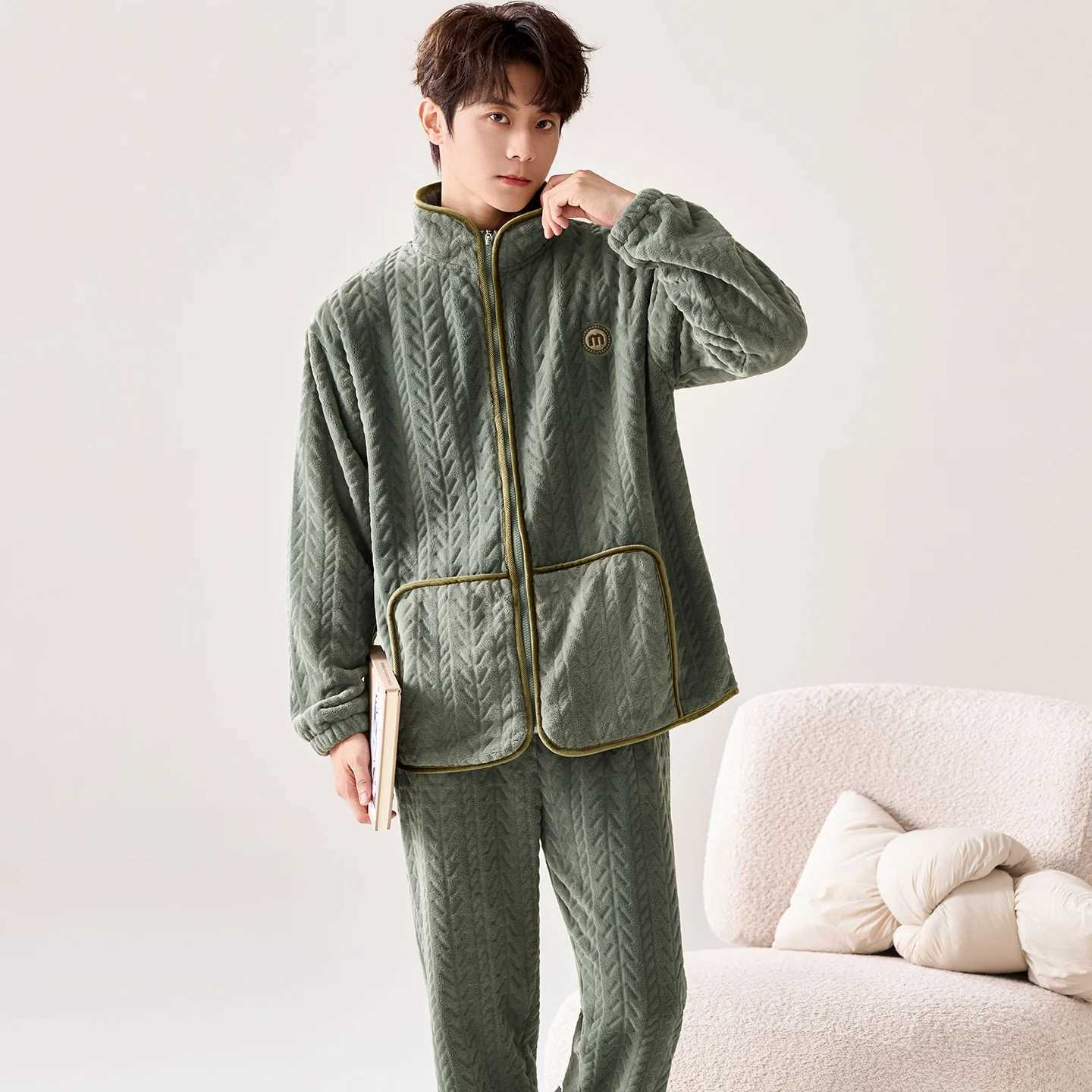 Lounge Women's Sleep Winter men pajamas thick flannel pyjamas male with zipper coral fleece cardigan men big yards 4XL sleep tops+long pants 2pcs - view 6