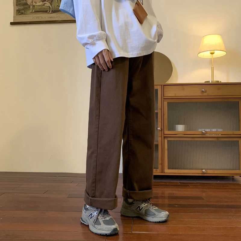 Men's Jeans Vintage Coffee Straight Jeans Men Loose Denim Trousers Neutral Jean Pants Streetwear Casual Wide Leg Jeans Man Women Baggy Denim H260