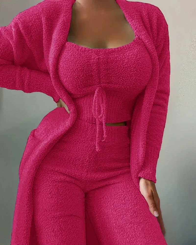 Women's Sleep Lounge Women's Winter New Fashion Plush Pajamas Three-piece SetHalter Short Top+high-waisted Straight-leg Pants+long Cardigan  - view 6