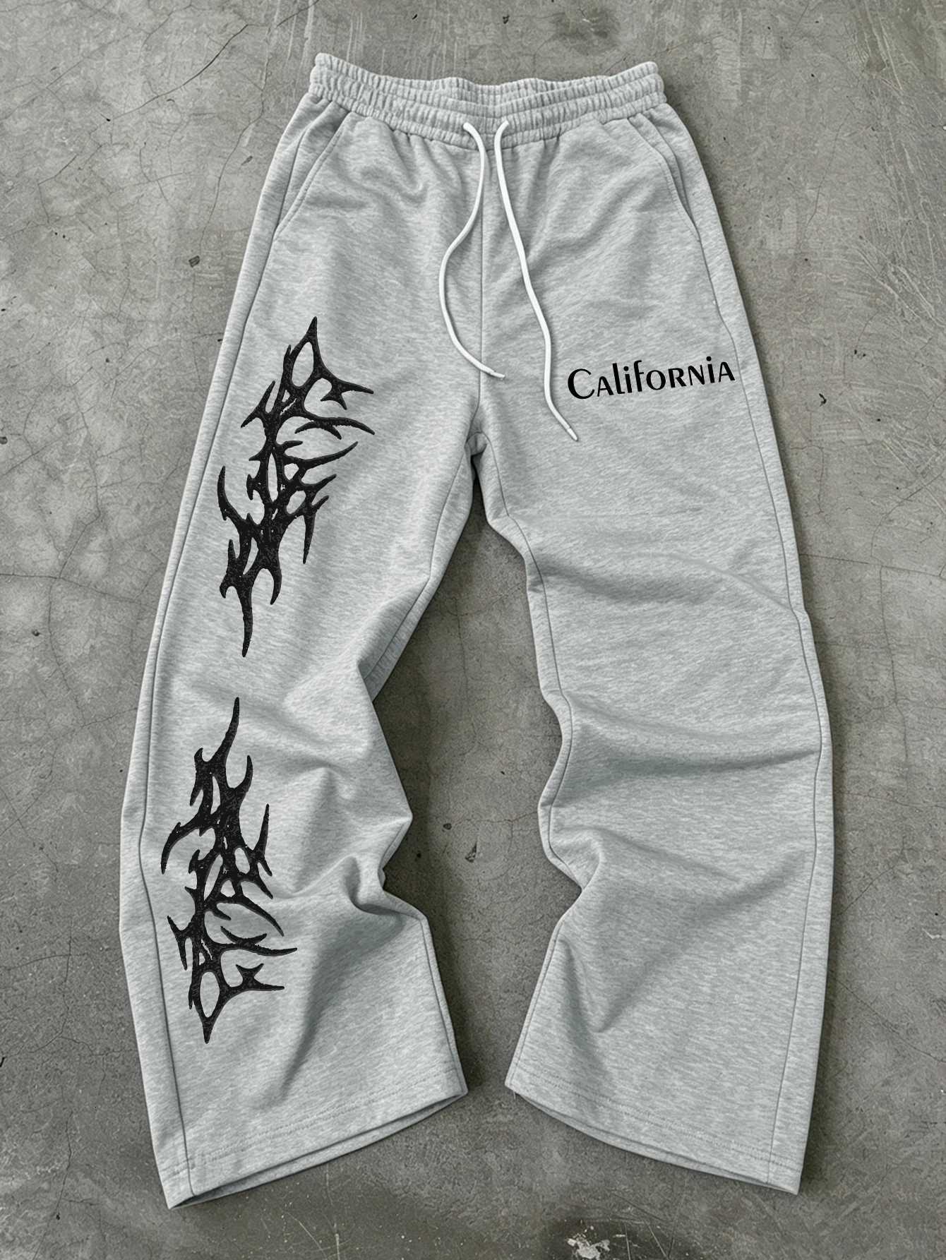 Men's Pants Men Y2K American Streetwear Baggy Sweatpants Asymmetric White Gothic Spike Letter California Text Print dr1 Wide Leg D260924 - view 7