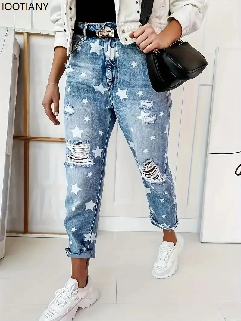 Boyfriend Jean's Slim Fit Ripped Fashion Fivepointed Star Street Casual Blue 2025 260910