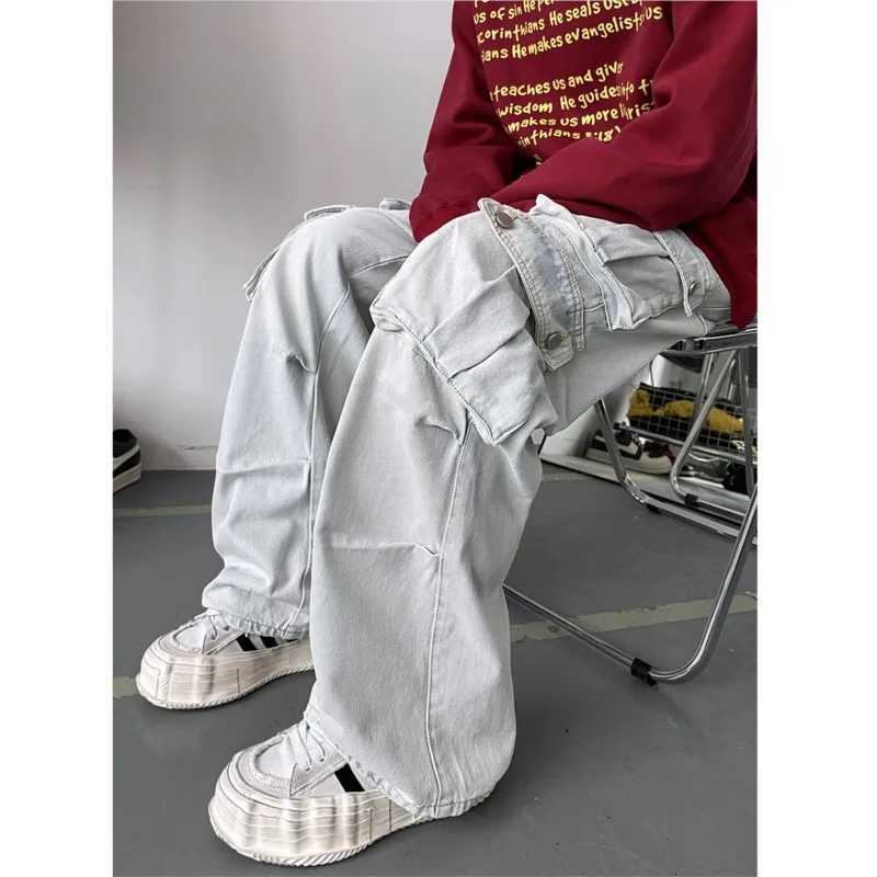 Men's Jeans Light Blue Cargo Jeans Men's Patchwork Straight Casual Trousers Men Muti-pockets Hip Hop Streetwear Loose Fashion Pants H260924 - view 4