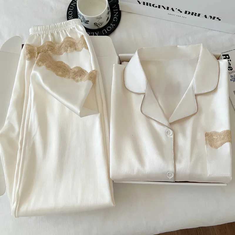 Women's Sleep Lounge New Ice Silk Women's Pajamas for Spring and Autumn Solid Color with Lace Trim Long Sleeve Lightweight Homewear Set H260 - view 4